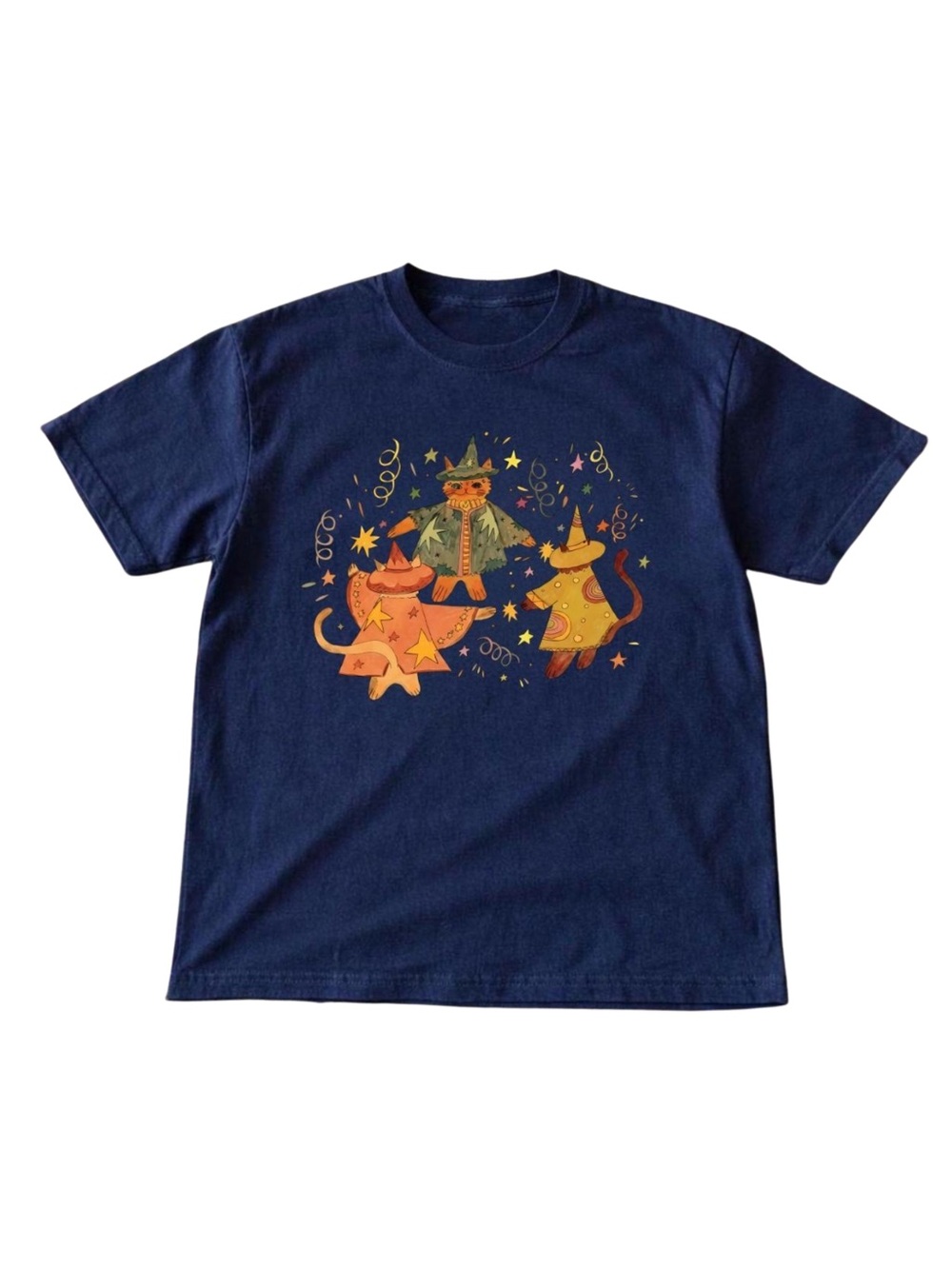 Gildan Navy Blue Short Sleeve Tee with Orange & Yellow Cat Party Graphic